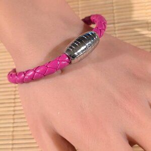 Dark Pink Braided Thick Vegan Leather Magnetic Clasp Bangle Bracelet